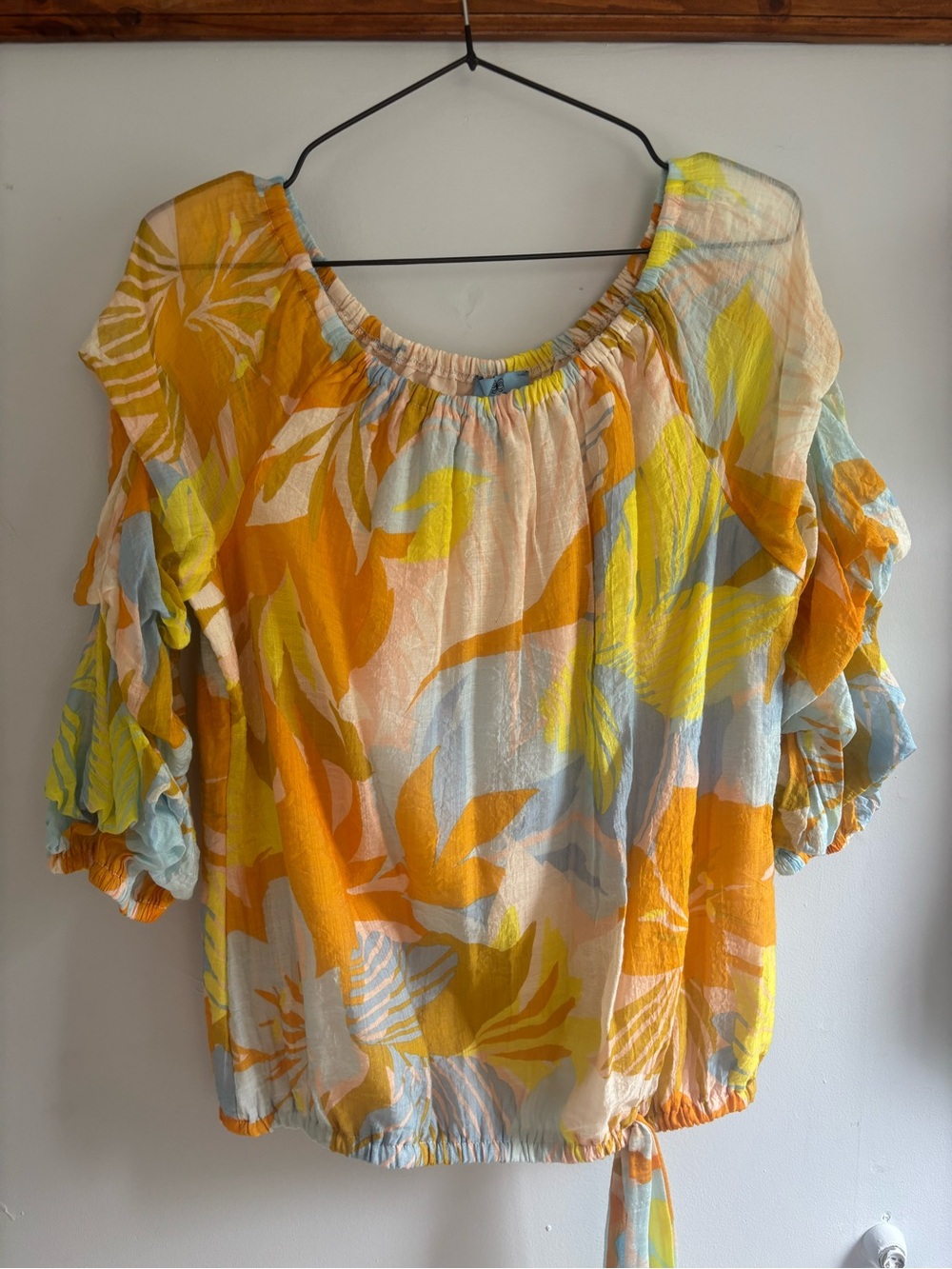 CeCe Yellow and Blue Floral Off-Shoulder Blouse